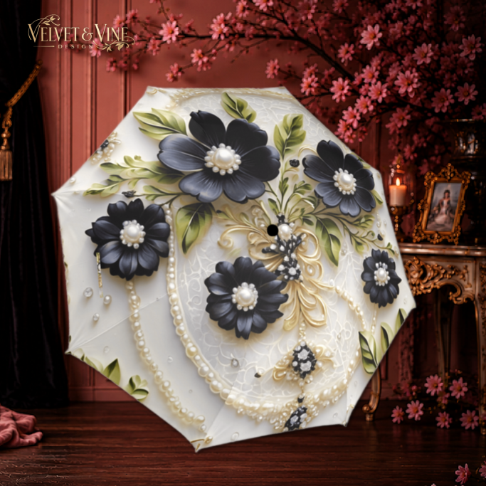 Black White Flower Umbrella Victorian Printed Flower Gothic Umbrella Parasol Shabby Chic